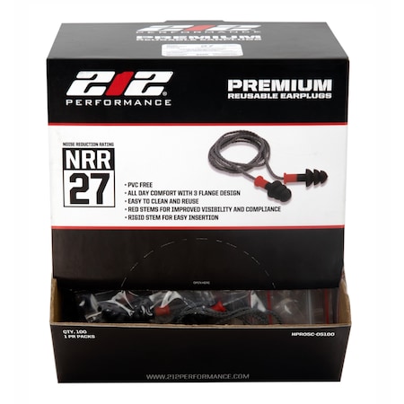 212 Performance Tri-Flange 27 dB NRR Reusable Ear Plugs, 100-Pair Box HPR05